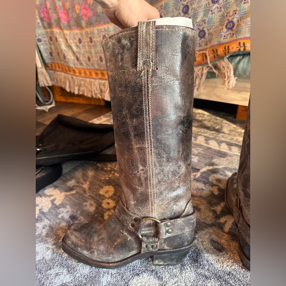 Frye Tall Harness Distressed Brown Leather Boots - Picture 11 of 14